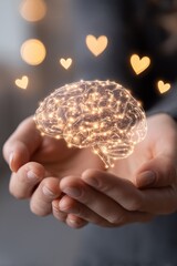 Glowing brain symbolizing mental health and mindfulness held with care, promoting self-care, therapy, love, stress relief, and peaceful support.