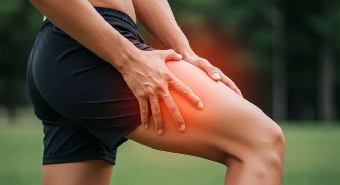 Person with acute thigh pain or muscle strain during exercise. Sports injury, leg discomfort, and muscle problem concept.