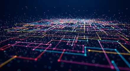 Futuristic digital landscape with glowing interconnected lines and nodes. Abstract background for big data and technology concepts.