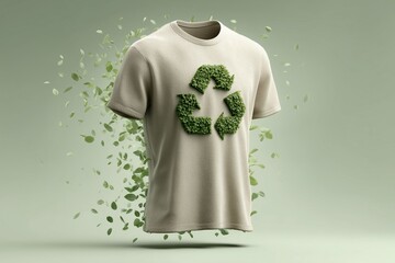 Eco-friendly t-shirt product featuring a recycle symbol, rendered with natural textures, promotes sustainability and conscious fashion.

