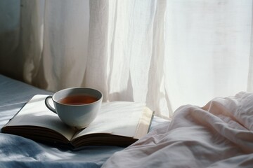 A peaceful minimalist scene with coffee and a journel, promoting freedom, mindfulness, self-care, stress relief, and mental health.
