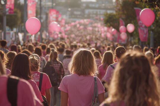 Charity walk for breast cancer awareness with women united in pink ribbon shirts, showing hope, support, and unity in the fight.

