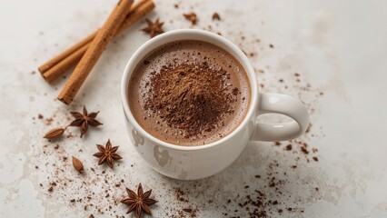 Obraz premium Steaming cup of chocolate with cocoa dust and spices set against a vintage white surface