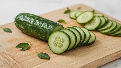 Fresh cucumber pieces on a chopping surface, salad component, crisp cucumber slices