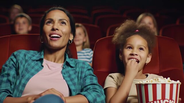 Mother and Daughter Enjoying a Movie with Popcorn in Theater with Red Seats and Selective Focus on the girl and chuck logo on popcorn bucket