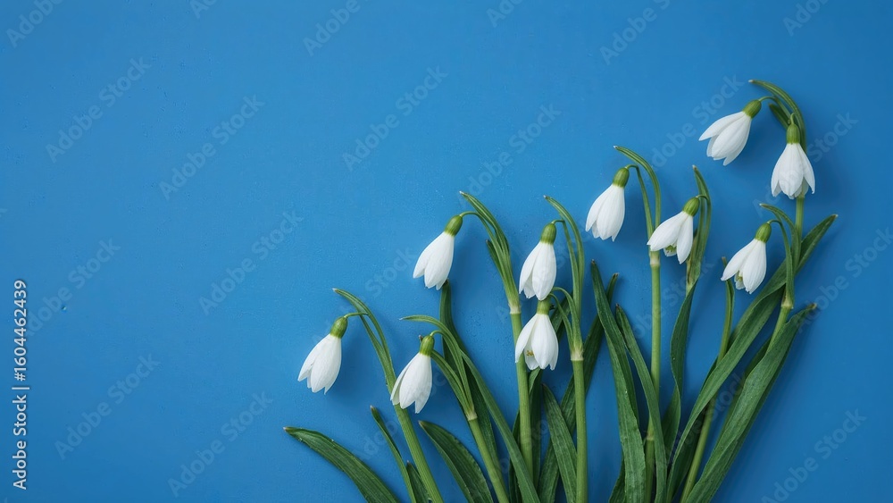 Poster artistic display of snowdrop blooms against a bright blue backdrop. flat lay style. simple spring de