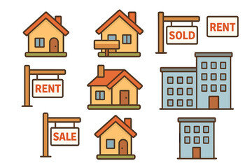 Fototapeta premium Real Estate Property Icons Set: Houses, Apartments, Rent, Sale, Sold Signs, Rental Indicators, Colorful Building Vector Collection for Website, App, Banner, Marketing, Transparent Background