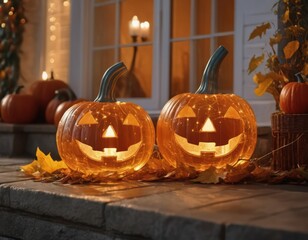 Obraz premium Halloween glass pumpkins near the house on All Hallows' Eve