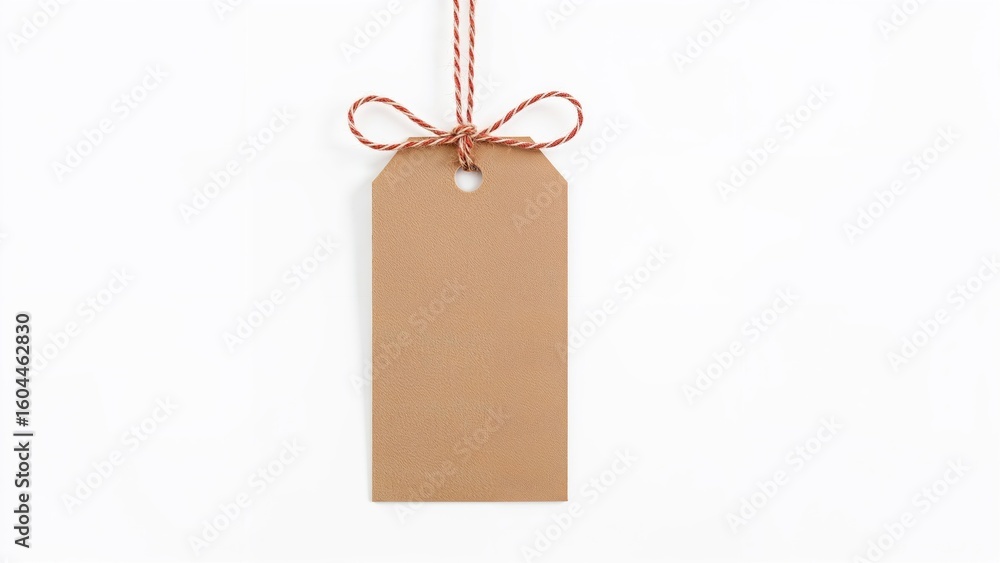 Poster craft paper label tied with red and white jute string on plain background