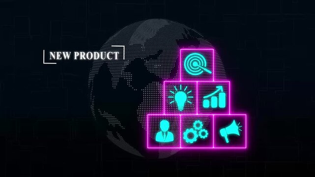 New Product Business Development Concept on Digital Earth globe rotating animation, Clean Hi-tech technology background. holographic HUD marketing concept.