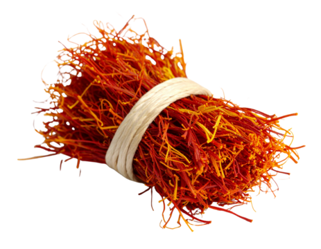 Bundle of Dried Saffron Pistils Tied with Thin String, Side Angle View, isolated on white – AI Generated