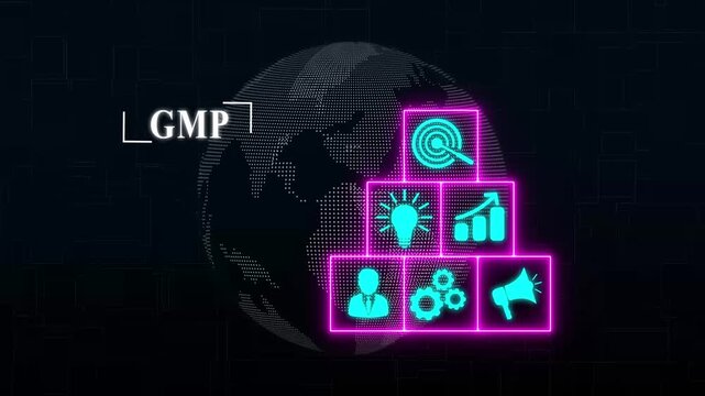 Good manufacturing practice certification quality control on virtual screen. GMP. on Digital Earth globe rotating animation, Clean Hi-tech technology background. holographic HUD marketing concept.