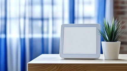 tablet blank white screen prepared display marketing advertising promotional content Iplaced on table beside decorative potted plant cozy living room