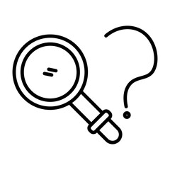 Outlined black glyph depicts magnifying glass next to question mark. Line design indicates searching for answers or exploring problems.