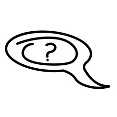 Outlined black glyph depicts speech bubble with a question mark inside. Line design signifies inquiry, discussion, or seeking information.