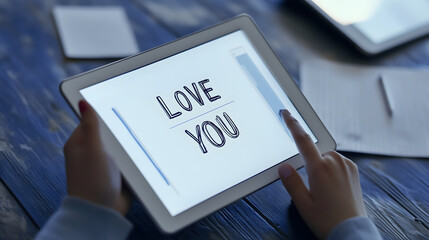 young couple types message love you on tablet screen workspace finger touching LCD display express affection modern digital setting