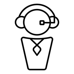 Outlined black glyph depicts person wearing headset with microphone. Line design signifies customer support, technical assistance, or virtual help.