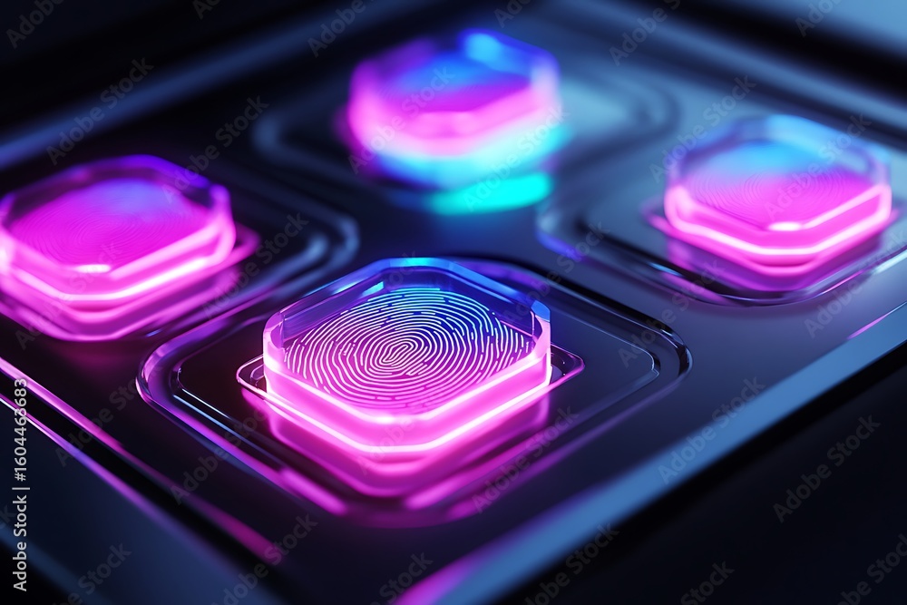 Poster futuristic fingerprint scanner technology with neon glow for secure identification access