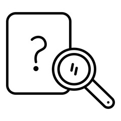 Outlined black glyph depicts document with question mark, overlaid by magnifying glass. Line design signifies searching through files or reviewing unknown documents