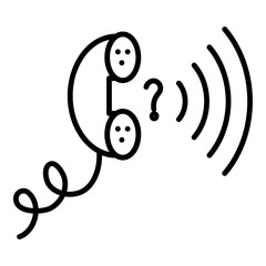 Outlined black glyph depicts an old-style telephone with a question mark and radiating signal waves. Line design signifies a call for information or a help connection.