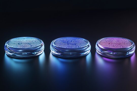 Futuristic Technology Concept with Glowing Fingerprint Scanners on Dark Surface, Security System