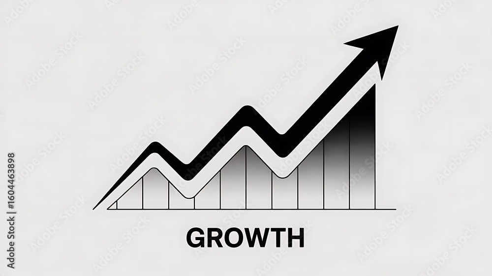 Poster upward trending graph with black arrow and bars indicating progress chart