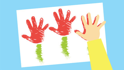 Hands with red paint on a white sheet of paper. Vector illustration