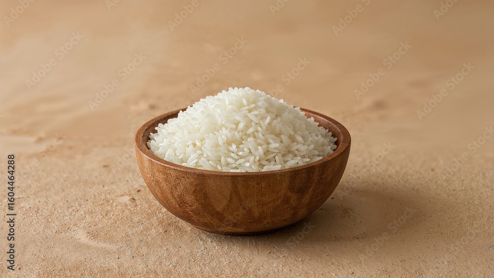 Poster steamed rice served in a wooden container with empty area for text