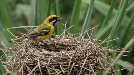 A male Vitelline Masked Weaver finishes building his nest and sings to lure a female, who will then prepare the nest for egg laying if attracted.