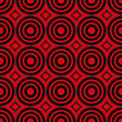 A bold geometric pattern featuring concentric black circles and diamond shapes on a striking red background. Ideal for textile designs, wrapping paper, digital wallpapers, and m