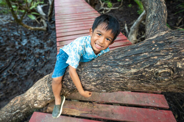 Happy little boy enjoy travel in mangrove forest wooden walk way outdoor