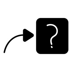 Solid black glyph shows curved arrow pointing to dark rounded square with white question mark. Represents directing towards help or inquiry.