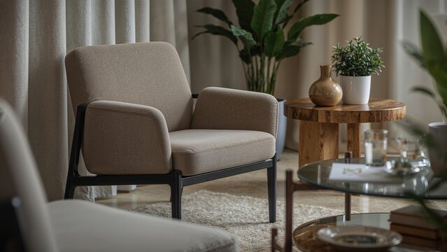 Elegant chair positioned in a relaxing corner with a round table, cultivating a hospitable mood.