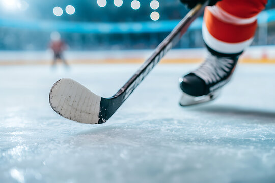Close-up of a hockey stick and skate on an ice rink. Game in progress with other player out of focus in background. Bright indoor arena lighting.