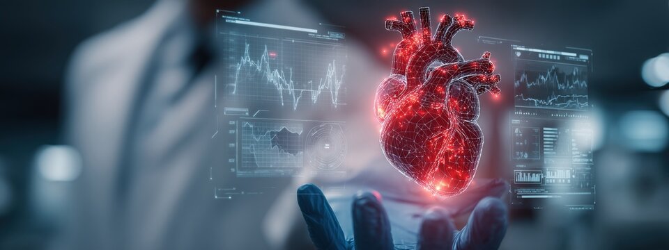 Futuristic Medical Technology with 3D Heart Visualization in a Professional Healthcare Environment