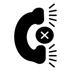 Solid black glyph shows old-style phone receiver with radiating lines and cross mark. Represents call ending, rejection, or no signal.