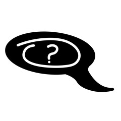 Solid black glyph shows speech bubble with a question mark inside. Represents inquiry, conversation, or asking a question.