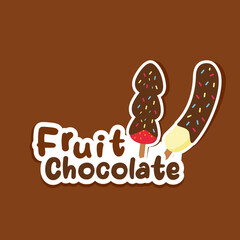 Fruit chocolate logo sticker featuring cute flat design of strawberry and banana on stick dipped in colorful chocolate with sprinkles perfect for dessert shop snack label or branding element