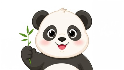 Fototapeta premium Adorable panda character clutching bamboo and showing approval with a thumbs up. High-quality nature-themed animal icon. Playful flat style illustration.