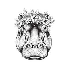 Unique hippo with a charming flower crown, perfect for whimsical and nature-inspired art.