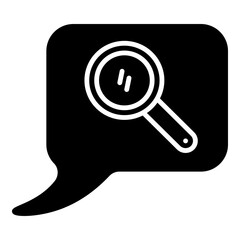 Solid black glyph shows speech bubble containing magnifying glass. Represents searching within conversation, feedback analysis, or querying communication.