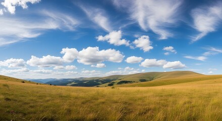 Fototapeta premium Breathtaking Landscape Panorama, Nature's Beauty, Serene Hills, Outdoor Scene, Clean Air, Wide-Angle View, Tranquil Environment