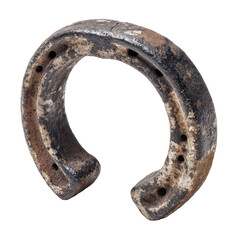 Worn horseshoe, showing signs of age and use.  Dark, rusty metal with mottled, light patches.  Hole pattern evident.  Isolated on black background