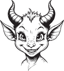 Cute Demon Character: A charming depiction of a mischievous demon character, designed in an artistic line drawing style with intricate details. 