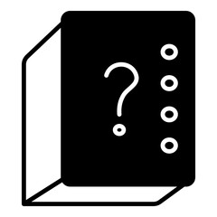 Solid black glyph shows an open book with a question mark on one page and bullet points on the other. Represents seeking information, learning, or a knowledge base.