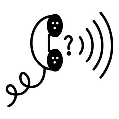 Solid black glyph shows an old-style telephone with a question mark and radiating signal waves. Represents a call for help, an unanswered query, or a support line.