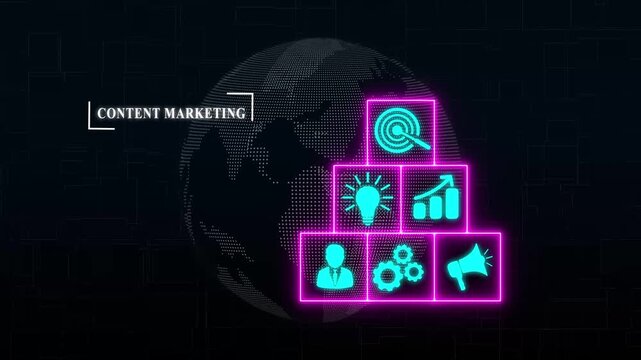 Digital Marketing content planning advertising strategy concept. online social digital marketing solutions, on dot globe rotation background with alpha channel, holographic advanced HUD.