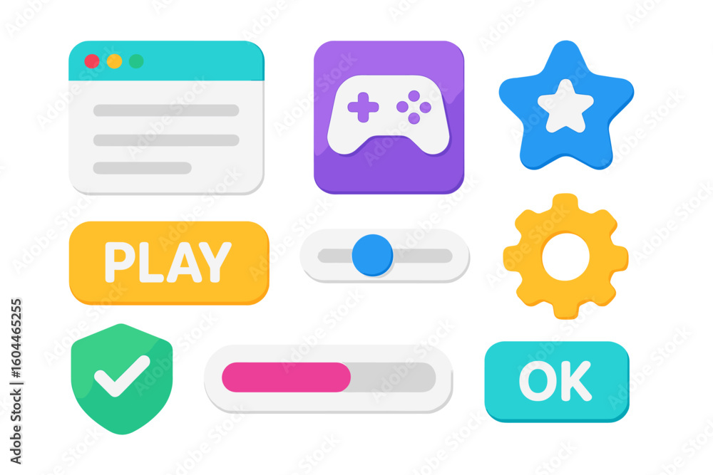 Poster colorful web ui elements pack for game interface, app buttons, progress bar, slider, icons, flat 3d 