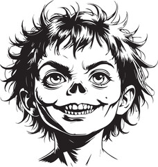Grinning Monster Portrait: Captivating black and white cartoon image of a sinister grin and unsettling stare. 