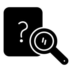 Solid black glyph shows magnifying glass over a rectangular screen. Represents screen search, digital investigation, or display content analysis.